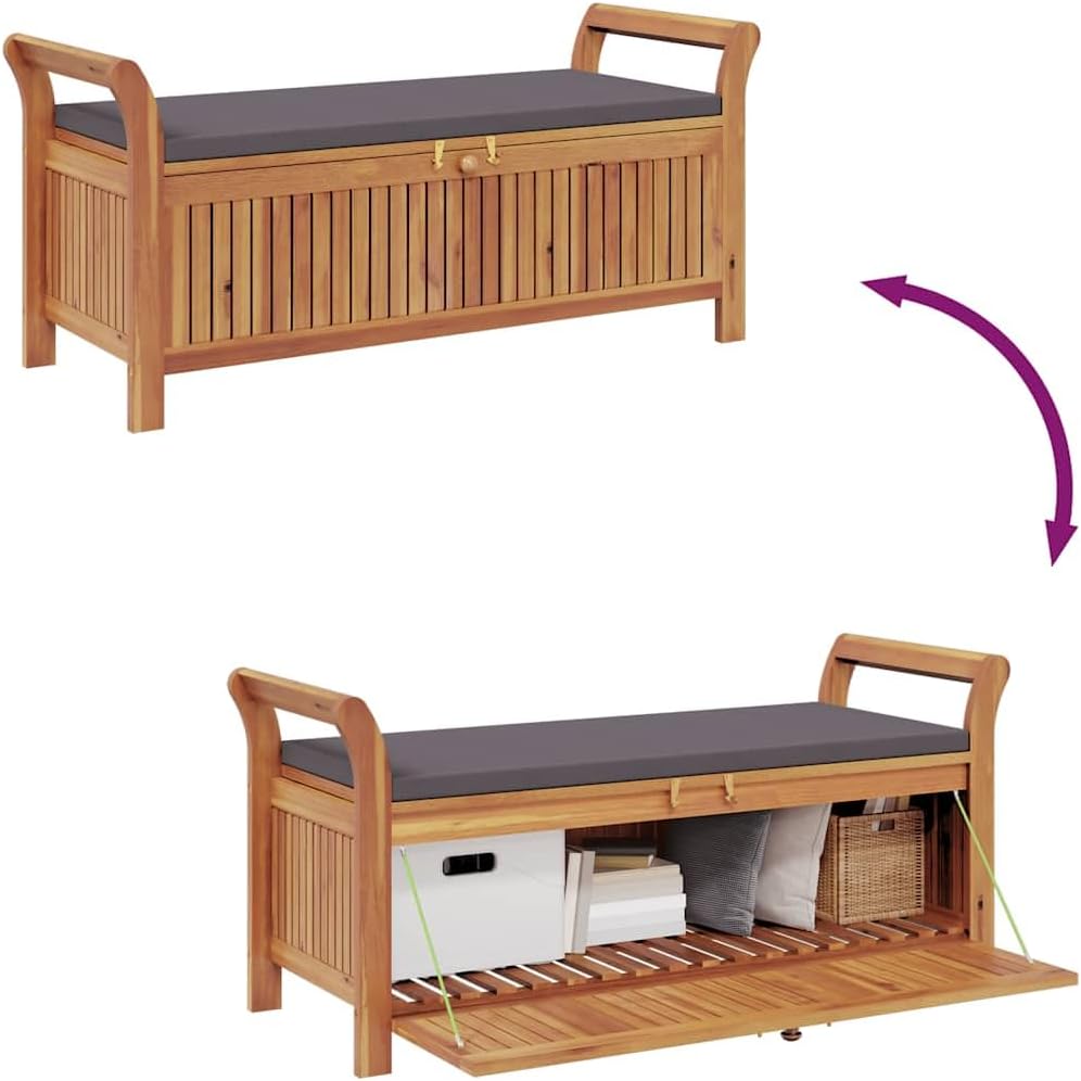 Acacia Wood Outdoor Storage Bench with Cushion, 49.6" Patio Storage Bench with Curved Arms, Garden Seat for Pillows and Blankets