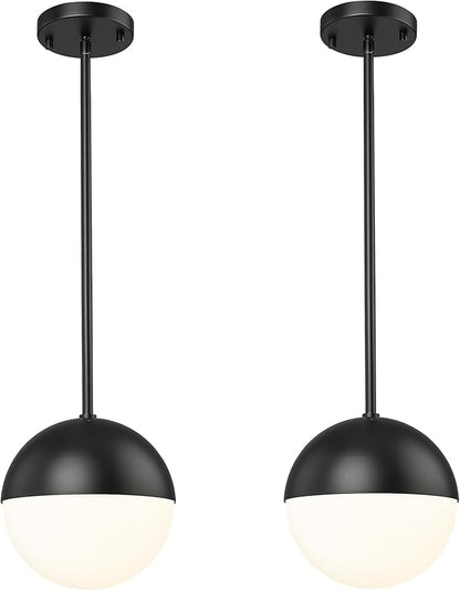 LMS 2 Pack Mid Century Pendant Lights, Matte Black Kitchen Island Light Fixtures with White Globe Glass Shade, Adjustable Hanging Rod Ceiling Light for Home Office Dining Room Bathroom, LMS-186BK2PK