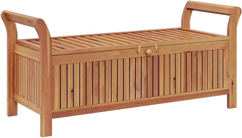 Garden Storage Bench, 49.6 Inch Solid Acacia Wood Outdoor Storage Box with Cream White Cushion, Large Wood Deck Box for Patio Seating and Yard Organization, Natural Oiled Finish