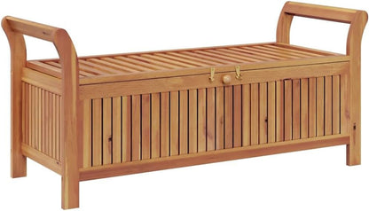 Garden Storage Bench, 49.6 Inch Solid Acacia Wood Outdoor Storage Box with Cream White Cushion, Large Wood Deck Box for Patio Seating and Yard Organization, Natural Oiled Finish