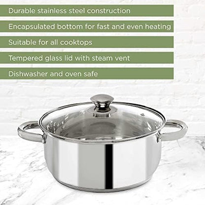 Ecolution Stainless Steel Stock Pot, Encapsulated Induction Ready Cooking Pot with Glass Lid, Oven Safe, Dishwasher Safe Soup Pot, 5-Quart