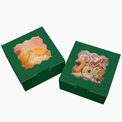 Bakepacker 60pcs Deep Green Bakery Boxes with Window 6x6x3 inches Thick & Sturdy Macaroon Pastry Boxes Cookie Boxes for Bakerys