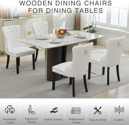 PU Leather Dining Chairs Set of 6, Upholstered Dining Room Chairs with Solid Wood Legs & Back Ring Pull Trim Ring, Modern Dining Chairs Perfect for Dining Room,Living Room,Kitchen, White