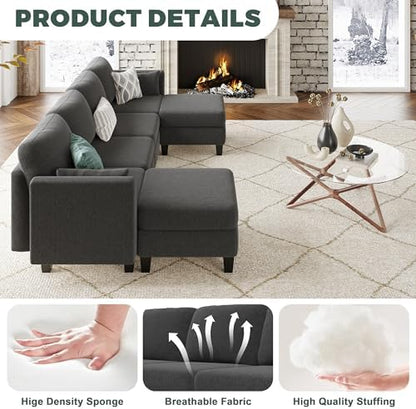 Modular Sectional Sofa 6 Seaters Modular Sleeper Sofa Couch | Comfy Sectionals Couches Bed, Convertible Sofas with Ottomans, Sectional Couches for Living Room, Dark Gray