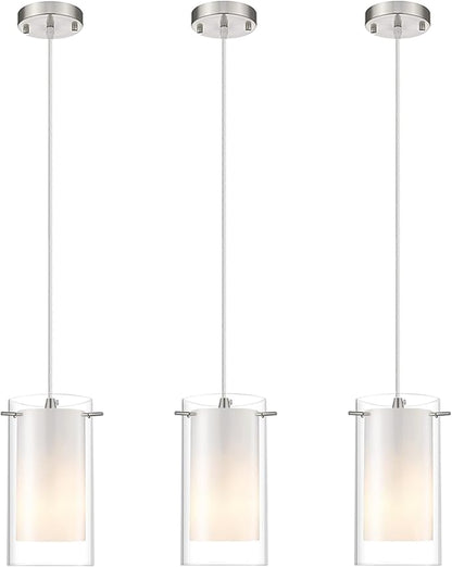 3-Light Pendant Light, Indoor Glass Hanging Light Fixture, Adjustable Height, Brushed Nickel Finish for Kitchen Dining Room