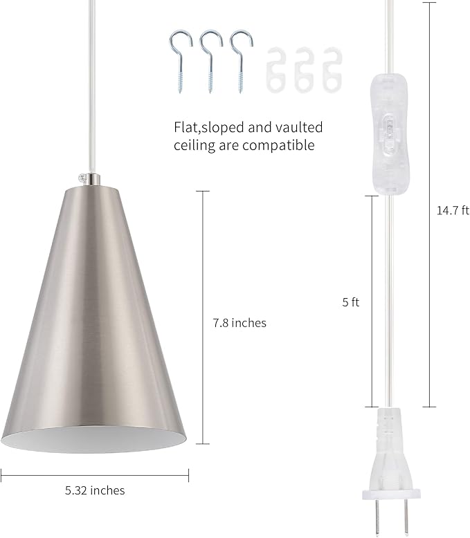 Brushed Nickel Plug In Pendant Light,Hanging Lights with Plug In Cord On/Off Switch, Mini Silver Pendant Lights for Kitchen Island,Modern Chandelier with Metal Shade,Hanging Lamps for Bedroom