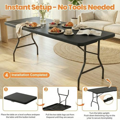 2 Pack Folding Table 6FT Heavy Duty Plastic Utility Table with Carrying Handle for Camping, Party, Picnic, BBQ, Banquet, Folds in Half for Easy Storage, No Assembly Required, Black