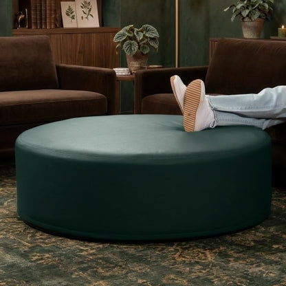 Jaxx Candler Round Couch Ottoman – Oversized Giant Coffee Table Ottoman - Versatile Firm Foam Construction - Kid Safe with Removable Cover, 44”, Premium Faux Leather, Hunter Green