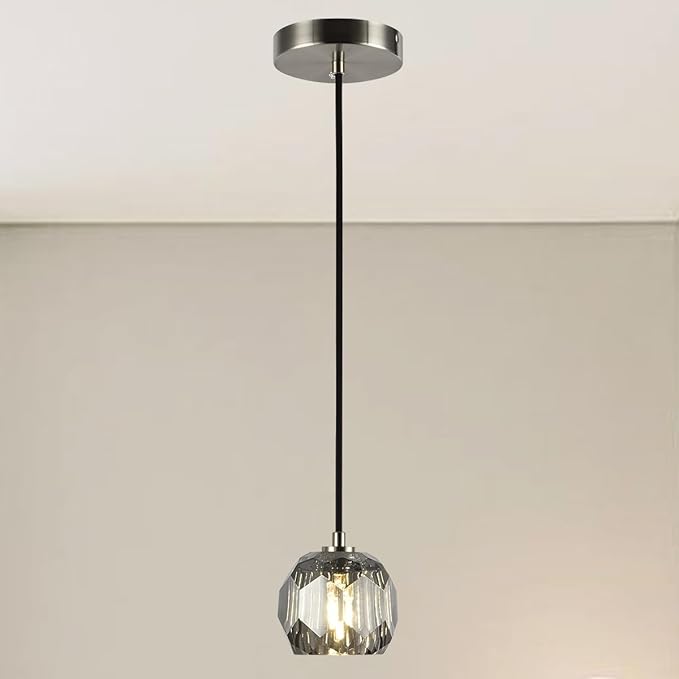 Modern Pendant Light, Small Brushed Nickel Crystal Pendant Light Fixture, Single Smoke Crystal Island Pendant Lighting for Kitchen Dining Room