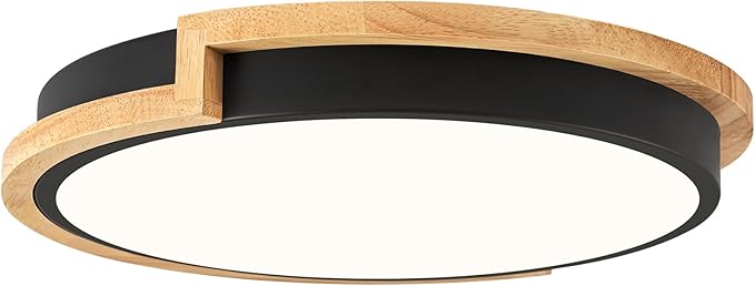 Dimmable Wood LED Flush Mount Ceiling Lights, 5CCT 2700K-6000K Black Hallway Lighting Fixtures, Minimalist Circular Ceiling Lamp for Bedroom Laundry Room Kitchen Entryway