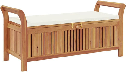 Garden Storage Bench, 49.6 Inch Solid Acacia Wood Outdoor Storage Box with Cream White Cushion, Large Wood Deck Box for Patio Seating and Yard Organization, Natural Oiled Finish