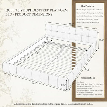 Upholstered Platform Bed Frame, Low Profile Chenille Bed with Headboard, Modern Solid Frame, No Box Spring Needed, Easy Assembly (Dark Grey, Queen (U.S. Standard))