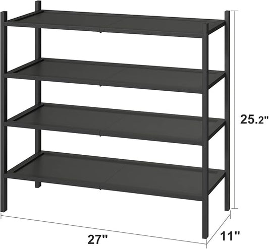 Shoe Rack for Entryway, Black Bamboo Shoe Rack 4-Tier, Stackable Shoe Organizer for Hallway Closet, Free Standing Shoe Racks for Indoor Outdoor