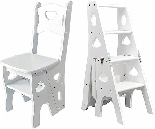 4 Step Wooden Folding Library Ladder Chair with Seat, Lightweight Portable Ladder Shelf, Multifunctional Step Stool, Stepladders Display Stand for Office Home Kitchen (Color : White)
