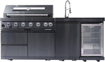 82 Inch 304 Stainless Steel Outdoor Integrated BBQ Kitchen Station (Black) | All-in-one 12-zone outdoor cooking station with 72000 BTU grill, built-in fridge & sink, rolling base for patio backyard