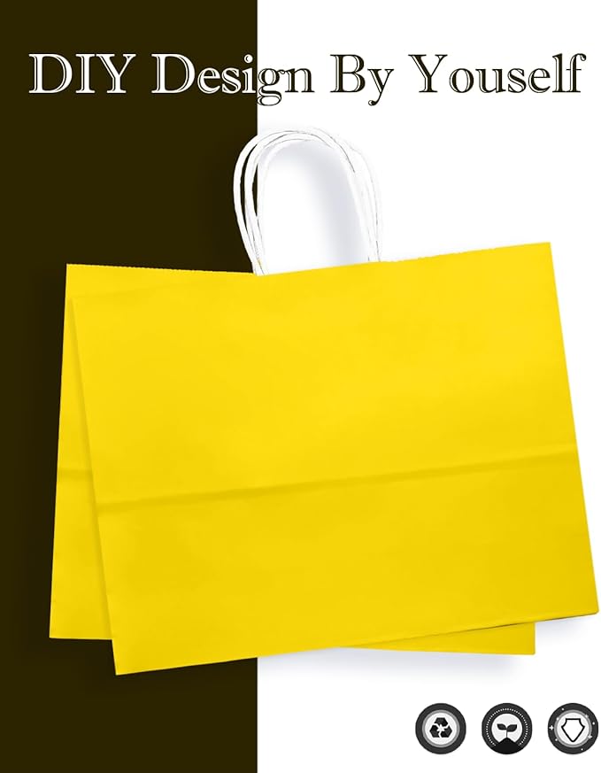 qiqee 100PCS Large Gift Bag with Handles Bulk 13"x4.5"x10" Gift Bags Bright Yellow Multiple Uses (32x11x25cm,Wide Large)
