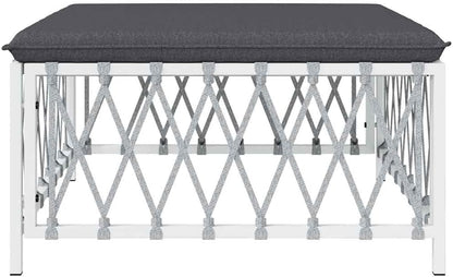 Patio Footstool with Cushion, White Woven Fabric Garden Ottoman, Powder-Coated Steel Frame, Thickly Padded Seat, Modular Design for Outdoor Lounge
