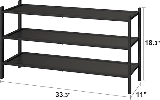 Black Long Shoe Rack, 3-Tier Bamboo Wood Shoe Rack for Entryway, Stackable | Foldable | Natural, Shoe Organizer for Hallway Closet, Free Standing Shoe Racks for Indoor Outdoor