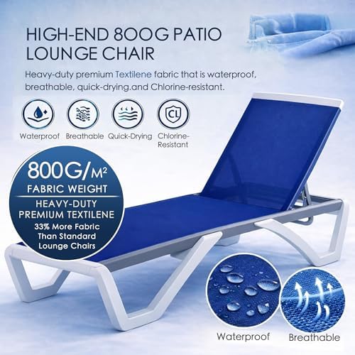 Kozyard Outdoor Chaise Lounge Chair, Full Flat Adjustable Patio Lounger with Aluminum Frame & Resin Legs, Textilene Fabric for Poolside, Backyard & Beach (Blue, 2Chairs + Table)