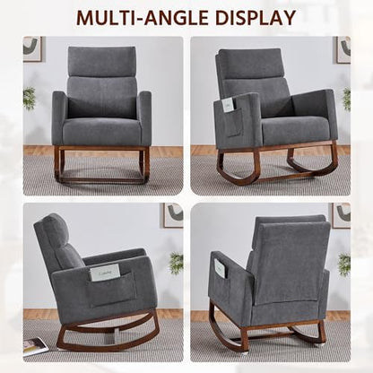 Yaheetech 28in Wide Padded High Back Glider Rocking Chair, Gray Polyester | High Back Nursing Chair with Side Pockets, Thick Foam Glider Chair, Rubberwood Base, Leisure Rocker for Living Room Bedroom