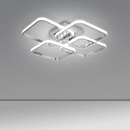 Dimmable Modern Led Ceiling Light, 4 Rings Square Ceiling Lamp with Remote Control, 48W Chrome Acrylic Ceiling Lighting Fixture for Living Room Dining Room Kitchen Office Lamps