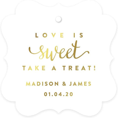 Andaz Press Personalized Fancy Frame Square Wedding Gift Tags, Metallic Gold Ink, Love is Sweet Take a Treat, 24-Pack, Custom Made Any Name, Gold Party Supplies