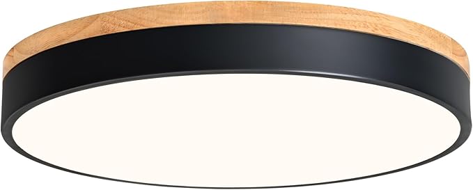 Modern Dimmable LED Close to Ceiling Light Minimalist Wood Oak Flush Mount Ceiling Light Fixture Circle Lighting for Bedroom Living Room Bathroom Laundry Room (Black, 15.7'')
