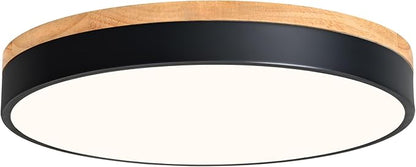 Modern Dimmable LED Close to Ceiling Light Minimalist Wood Oak Flush Mount Ceiling Light Fixture Circle Lighting for Bedroom Living Room Bathroom Laundry Room (Black, 15.7'')