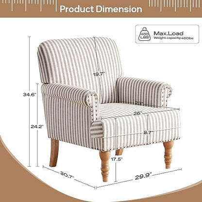 HUIMO Linen Fabric Accent Chair, Mid-Century Modern Armchair with Solid Wood Legs, Single Sofa Chair,Upholstered Reading Club Chair (1, Brown and White Stripe)