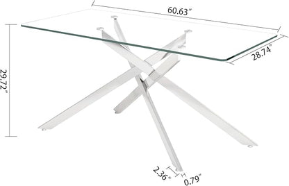 60" Rectangular Glass Dining Table Modern Kitchen Glass Top Table for 6 with Silver Metal Legs, Clear Dining Table Kitchen Table for Home Office Dining Room