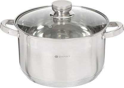 Daniks Standard Stainless Steel Stock Pot with Glass Lid – Induction 4 Quart, Dishwasher Safe, Measuring Scale, For Soup, Pasta, Stew, Silver
