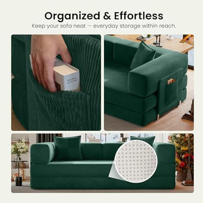 78.8" Convertible Futon Sofa Bed, Couch for Living Room | Corduroy Loveseat Sleeper Sofa, Modular Futon Couch with Storage Pocket, Pull Out Couch No Assembly | Forest Green