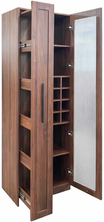 Kitchen Pantry Cabinet with 5-Tier Shelf, Pull-Out Hutch Cabinet with Glass Door & Spice Rack, Freestanding Wine Bar Cabinet with Glass Holder & 8-Bottle Wine Rack for Living Room, Dining Room, Walnut