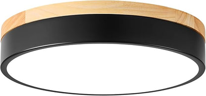 Dimmable Wood LED Ceiling Light Fixture, Black Round Low Profile Flush Mount Ceiling Lighting, Modern 5CCT 2700K-6000K Ceiling Lamp for Laundry Room Hallway Kitchen Bedroom, 11.8in