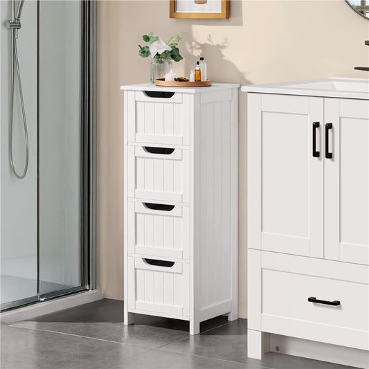 Yaheetech Bathroom Storage Cabinet, 12" W Slim 4-Drawer Design, White | Narrow Freestanding Organizer for Small Spaces, Beside Toilet or Vanity, Beadboard Tower, 32.5"H, P2 MDF, Water-resistant