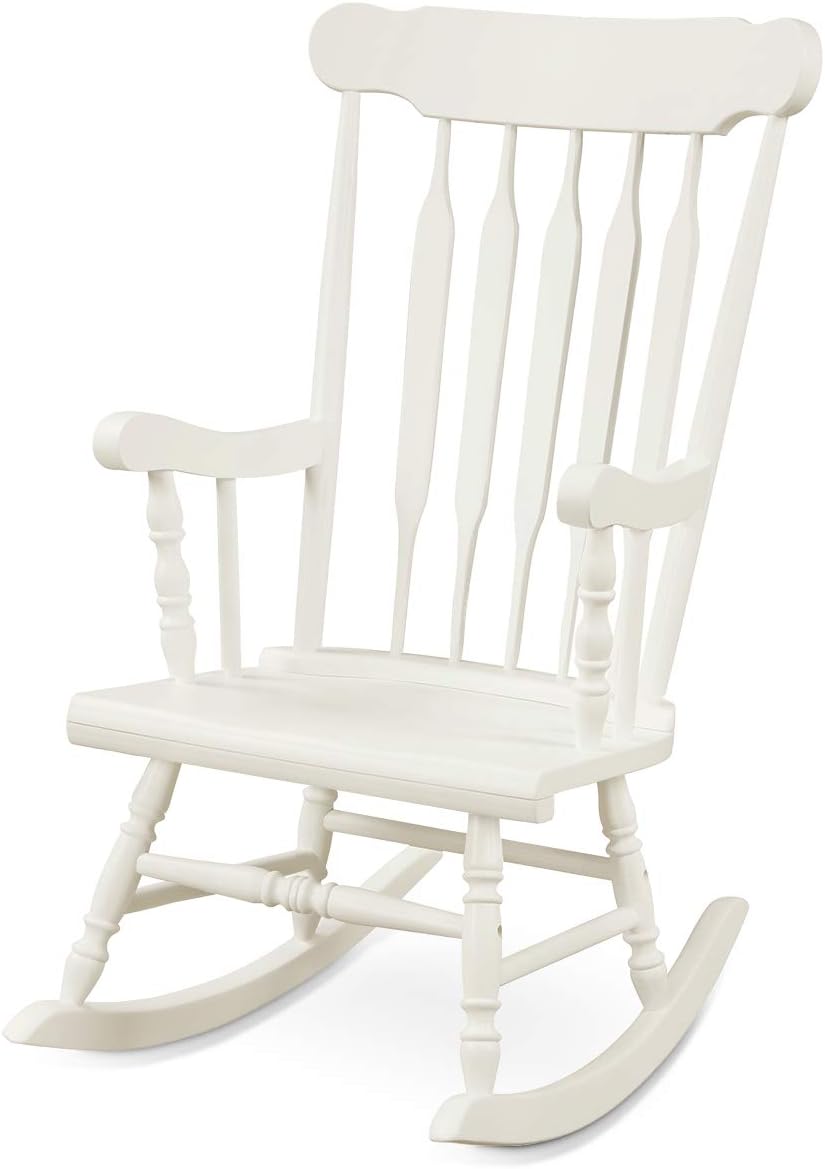 Giantex Outdoor Wood Rocking Chair - Patio Rocking Chair with Solid Rubber Wood Frame, Slat Back, Outside & Indoor Rocker for Garden, Poolside, Balcony, Backyard, Lawn, Front Porch Rocker, White