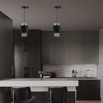 1 Light Hanging Indoor Kitchen Island Pendant Light 6" Drum Glass Shade Pendant Ceiling Light Fixtures Modern Farmhouse Dinning Over Sink (Black Finish, 2 Pack)