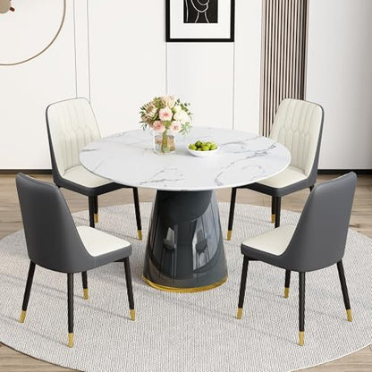 Round Dining Table Set for 4, 45''Marble Grain Dining Room Table Set for 4 with Upholstered Chairs, Modern Dinner Table Set for Kitchen Dining Room