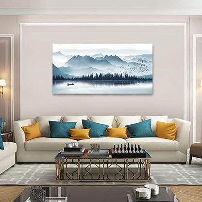 arteWOODS Indigo Canvas Wall Art Misty Mountain Wall Pictures Foggy Lake Boat Canvas Painting Prints Forest Birds Canvas Wall Decor for Living Room Wall Decorations Framed Ready to Hang 24" x 48"