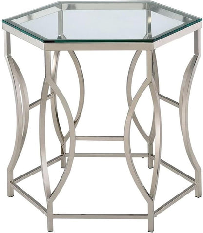 BOWERY HILL Contemporary Metal End Table, Chrome Finish, Hexagon 8mm Tempered Glass Top, Steel Frame with Circular Side Panels, Modern Geometric Design for Living Room