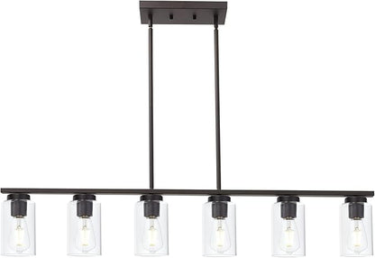 6-Light Kitchen Island Lighting Fixtures, Clear Glass Farmhouse Pendant Lights Hanging Chandelier in Oil Rubbed Bronze for Dining Room Table Cafe Bar