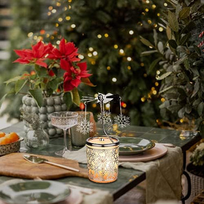 Tealight Candle Holder Carousel – Glass Wind Light with Snowflake Motif, Height 5.9 Inches, TEALIGHT Included – Perfect for Christmas, Winter, and Holiday Home Décor
