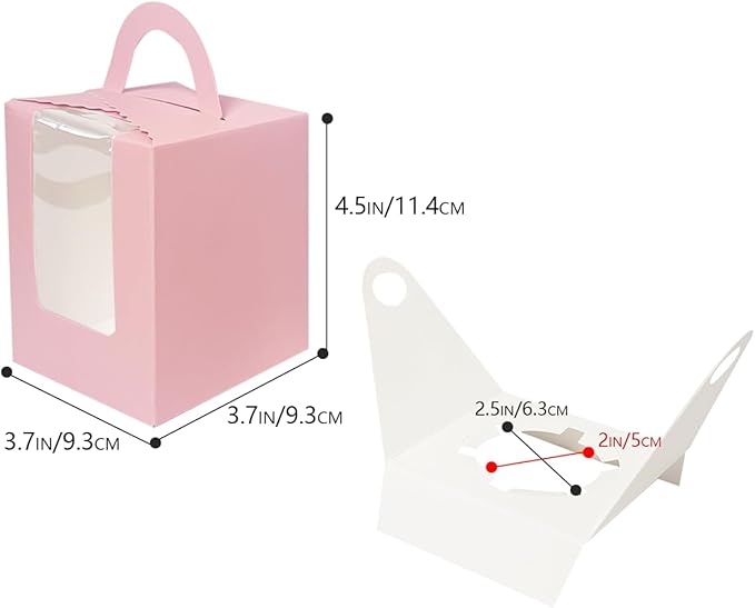 Bakepacker Auto-pop up Individual Cupcake Boxes with Window 60 Count Pink Single Cupcakes Box 3.6 x 3.6 x 4.3inch Cupcake Carrier