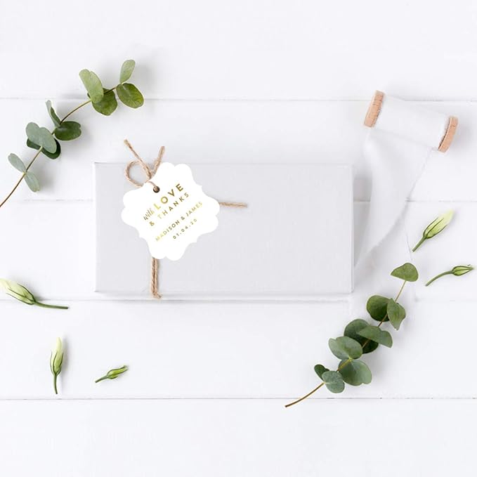 Andaz Press Personalized Fancy Frame Square Wedding Gift Tags, Metallic Gold Ink, with Love and Thanks, 24-Pack, Custom Made Any Name