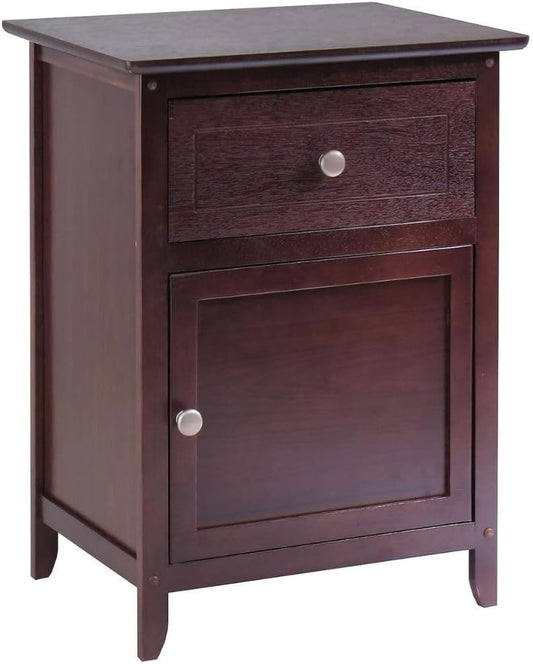 Wood Eugene Accent Table Walnut Finish Compact Side Table with Drawer and Cabinet Solid and Composite Wood Ideal for Bedroom Living Room or Entryway Storage