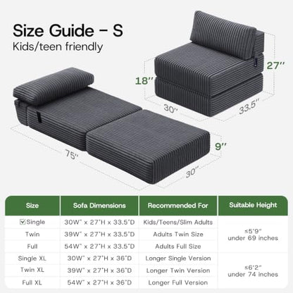 Convertible 4-in-1 Folding Sofa Bed Sleeper Chair Couch Foldable Chaise Lounger & Mattress Pocket Coils+Foam Fill Medium Support, No Assembly for Living Room/Bedroom, Single