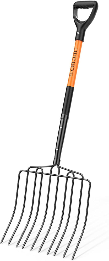 HIGHLIGHT Pitch Fork for Gardening,10 Tines Wide Pitch Fork with Fiberglass Handle, Heavy Duty Pitch Fork for Manure/Bedding/Haystack, 45 Inches
