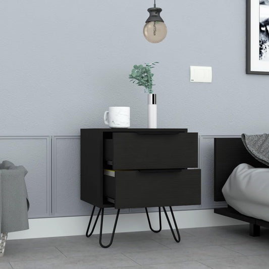 2 Nightstand, Hairpin Legs, Two Drawers, Black,for Small Spaces