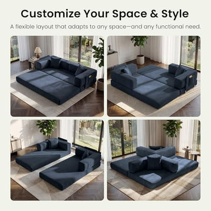 78.8" Convertible Futon Sofa Bed, Couch for Living Room | Corduroy Loveseat Sleeper Sofa, Modular Futon Couch with Storage Pocket, Pull Out Couch No Assembly | Royal Blue