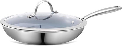 Stainless Steel Non Stick Frying Pan,10 Inch Healthy Non Toxic Ceramic Coating Cookware with Lid,Works on Induction, Electric Stove and Gas Cooktops,PTFE PFAS PFOA Free Skillet,Dishwasher&Oven Safe
